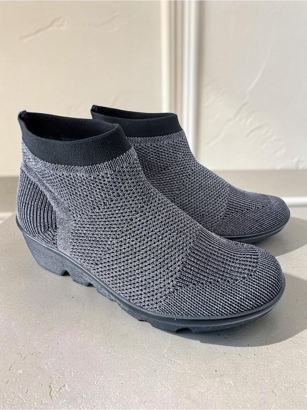 Gunmetal Gray Metallic Stretch Knit Wedge Ankle Bootie Bernie Mev Camryn New